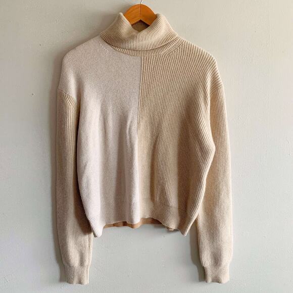 Theory Pale Camel Colorblock Cashmere Turtleneck Sweater $495 Size M Medium - Picture 2 of 6